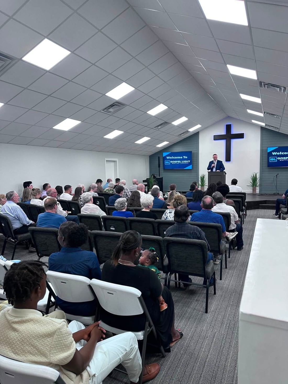 Church members seated in the auditorium during a service